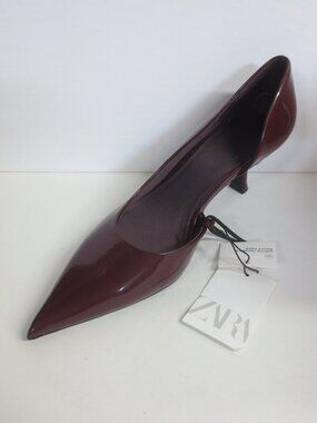 ZARA WOMEN'S POINTED TOE KITTEN HEEL PUMPS - WINE - US 8